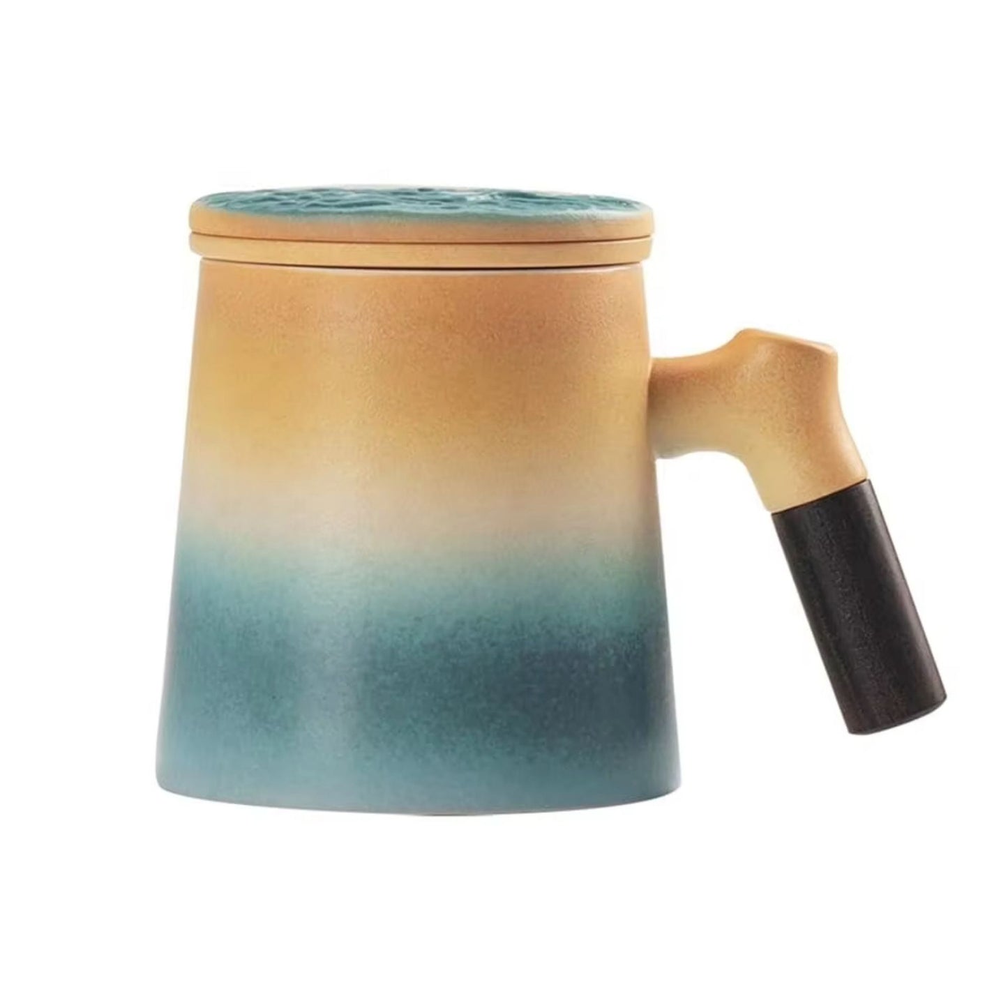 Keramik Teetasse mit Holzgriff | 360 ml Ozean-Design Becher | mit Keramik Teesieb & Deckel