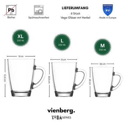 Vega 6er Set Teegläser mit Henkel, 250/300/400 ml