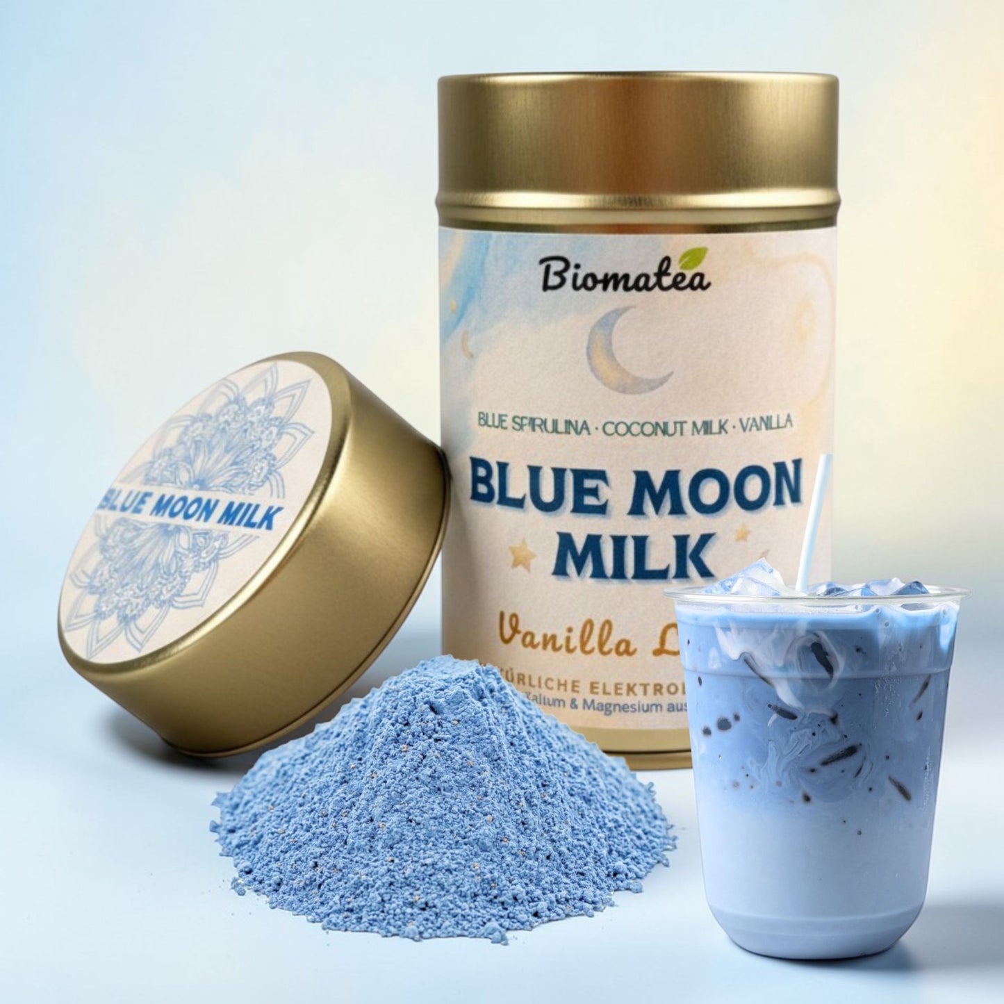 Biomatea Blue Moon Milk Vanille Latte – Blue Spirulina Latte Mix mit Kokosmilch & echter Vanille, 100g Dose