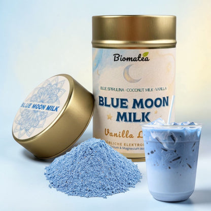 Biomatea Blue Moon Milk Vanille Latte – Blue Spirulina Latte Mix mit Kokosmilch & echter Vanille, 100g Dose