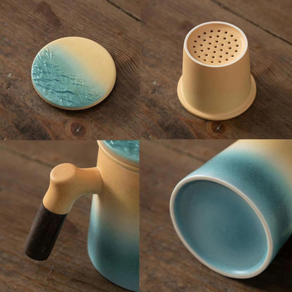 Keramik Teetasse mit Holzgriff | 360 ml Ozean-Design Becher | mit Keramik Teesieb & Deckel