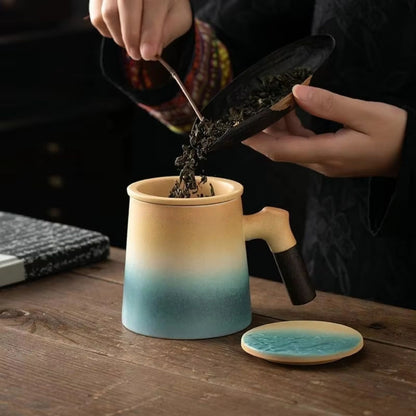 Keramik Teetasse mit Holzgriff | 360 ml Ozean-Design Becher | mit Keramik Teesieb & Deckel