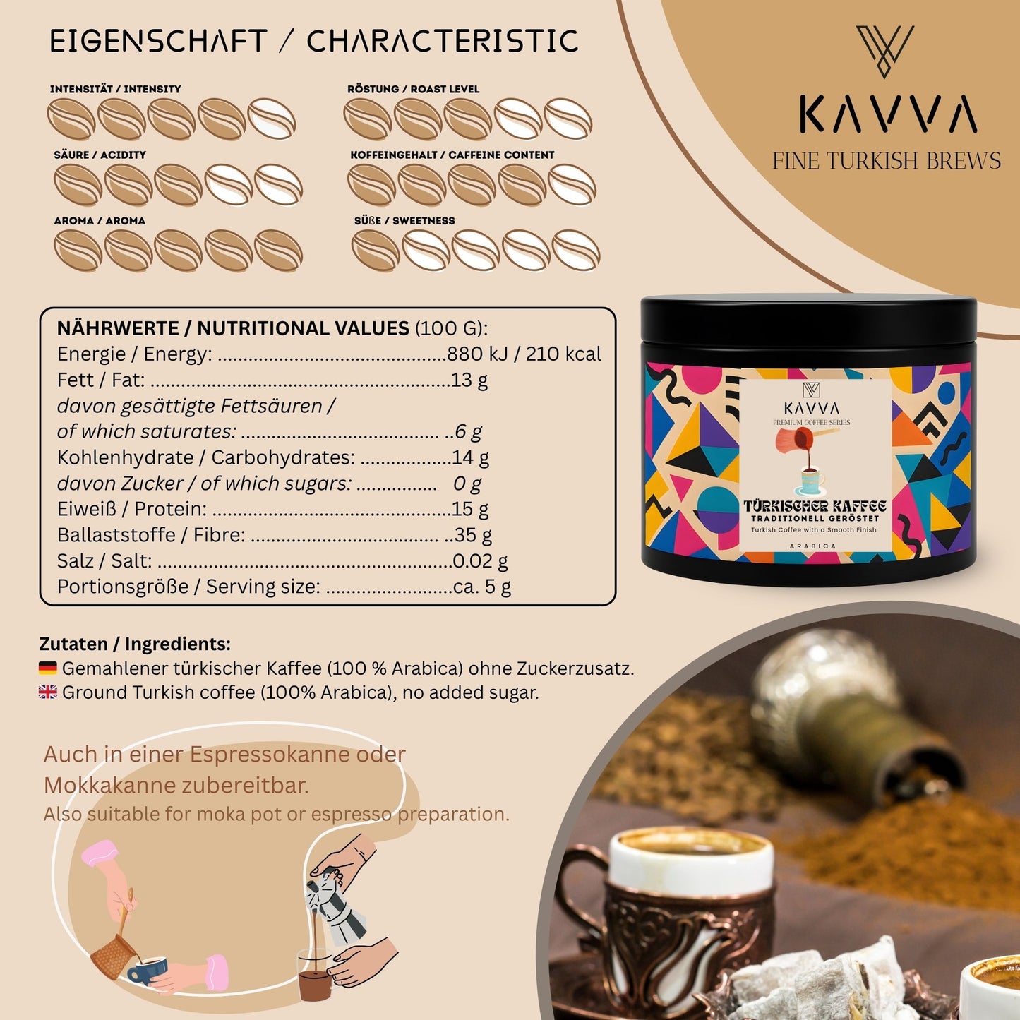 KAVVA Premium Klassik Türkischer Kaffee – Traditionell geröstet, ohne Zucker, 100 % Arabica, 100 g