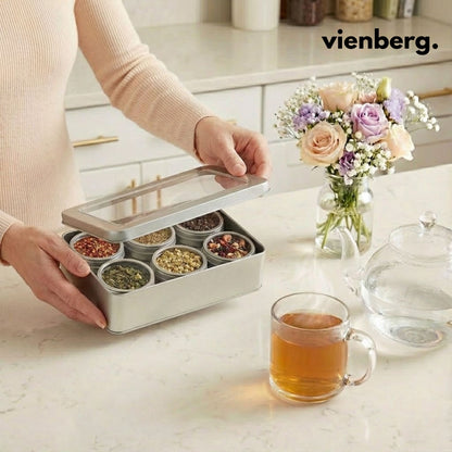 Universal Aufbewahrungsbox mit 6 Innendosen & Sichtfenster Deckel, für Tee, Kaffee & Backzutaten, Gewürze –Ordnungsbox & Organizer – Teedose leere Metalldosen Silber