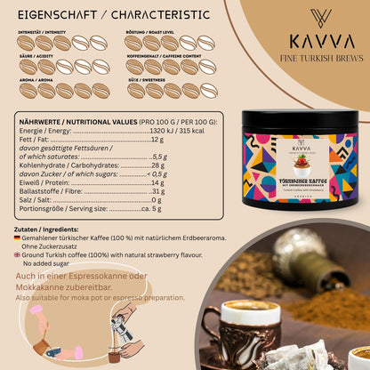KAVVA Premium Erdbeer-Kaffee – Türkischer Kaffee mit Erdbeeraroma, ohne Zucker, 100 % Arabica, 100 g