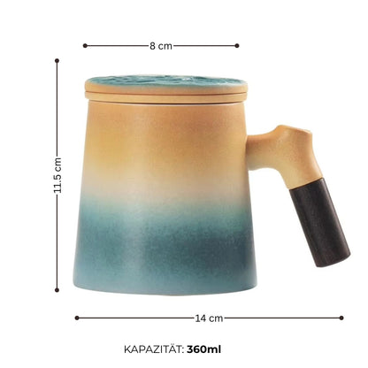 Keramik Teetasse mit Holzgriff | 360 ml Ozean-Design Becher | mit Keramik Teesieb & Deckel