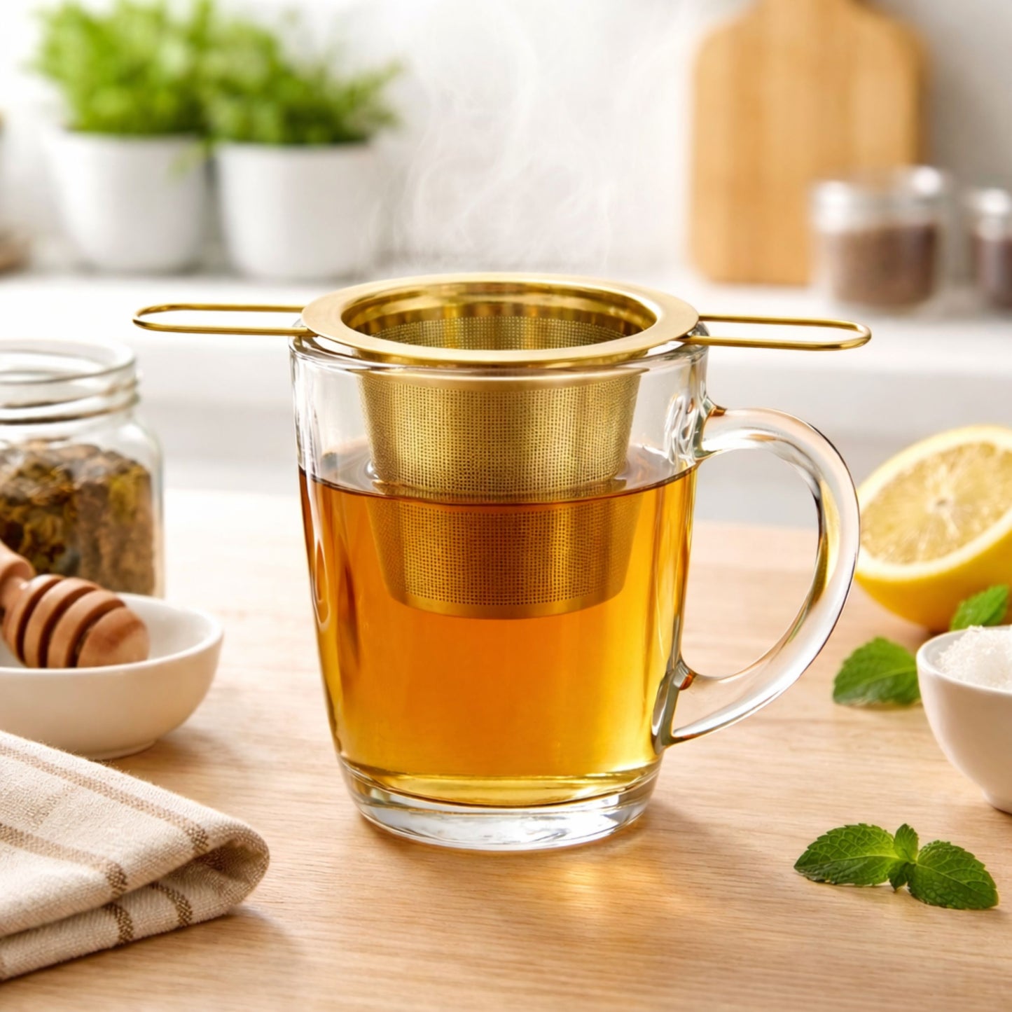 Edelstahl Teesieb Gold mit Deckel & Tee-Löffel | Feinmaschiger Dauerfilter für Tassen