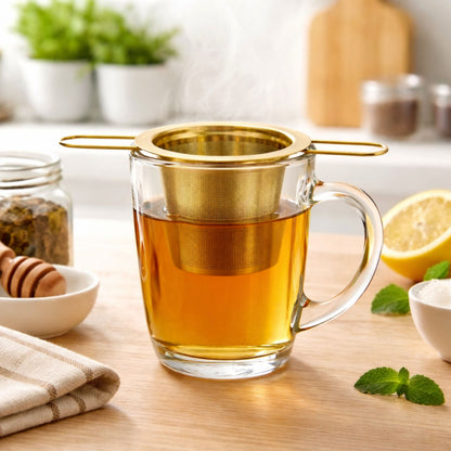 Edelstahl Teesieb Gold mit Deckel & Tee-Löffel | Feinmaschiger Dauerfilter für Tassen