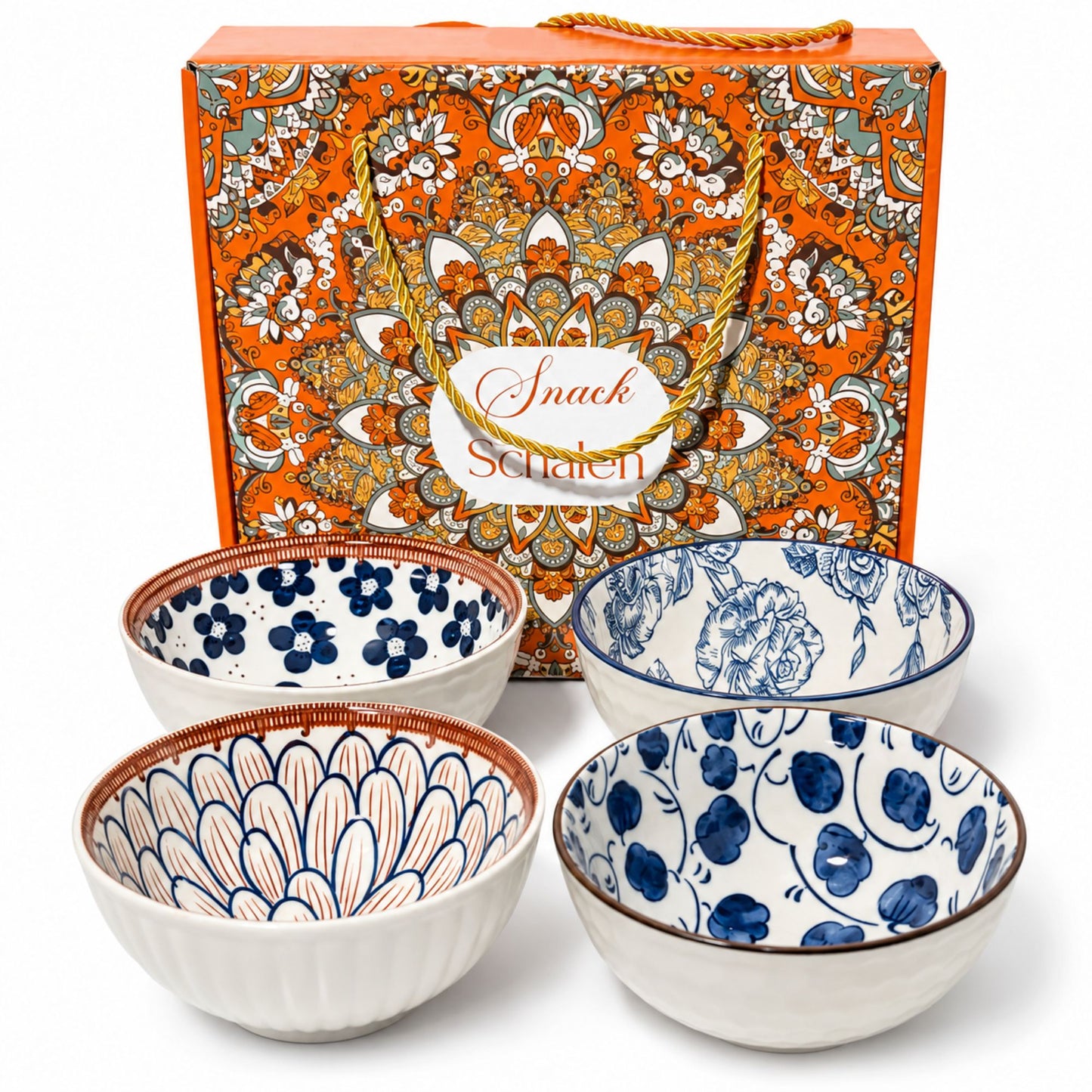 Japanische Schalen 4er Set mit Geschenkbox | Keramik Snackschalen, Reisschale, Ramen Schale