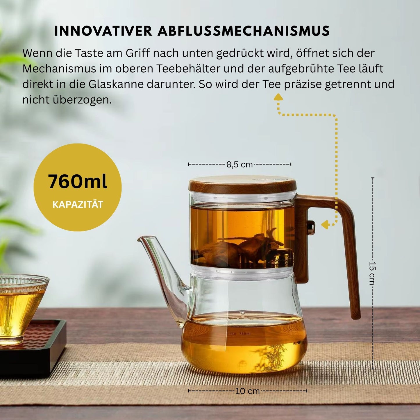 Glas Teekanne – 760 ml Borosilikatglas Teekanne & integriertem Filter | Innovativer Abflussmechanismus