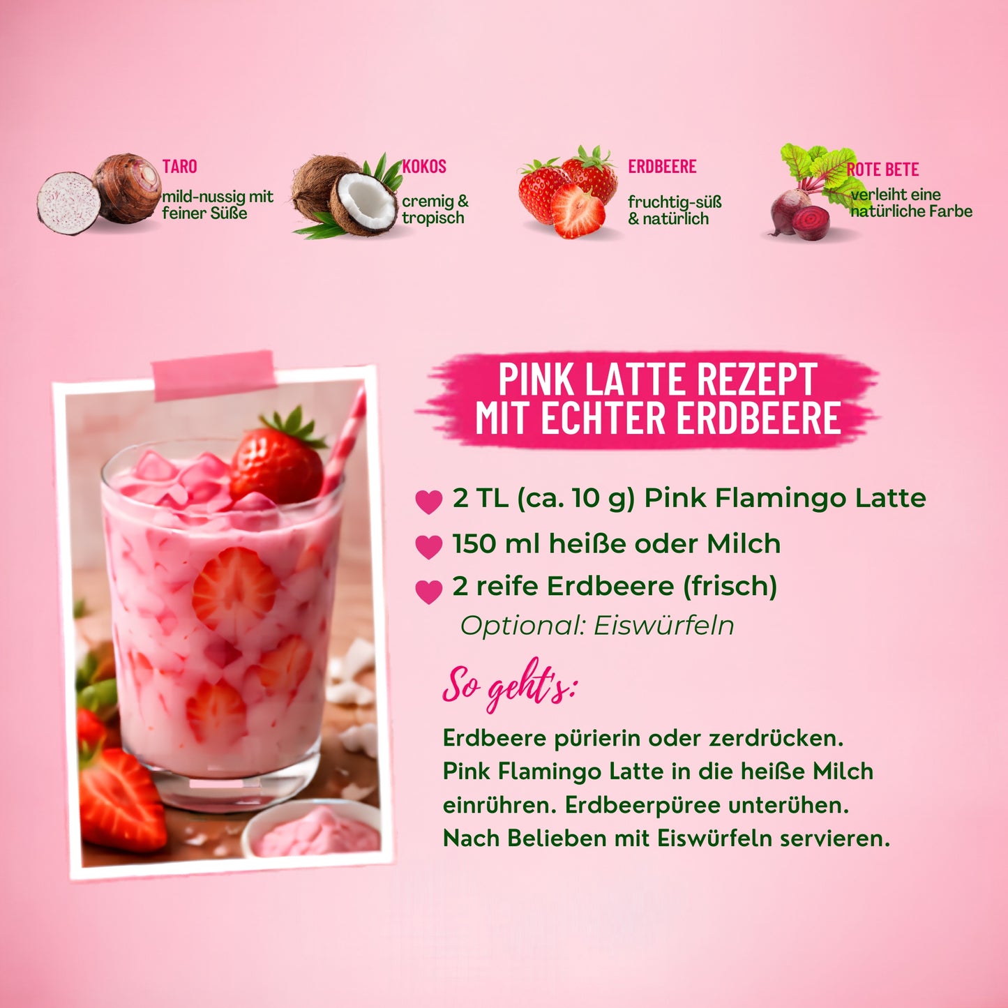 Pink Flamingo Latte Pulver, Erdbeere, Kokos & Taro Getränkepulver, 140g