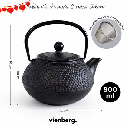 Gusseisen japanische Teekanne mit Edelstahl Teesieb, 800 ml, Schwarz