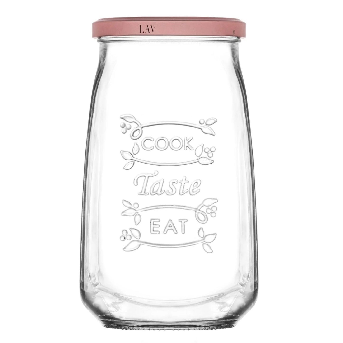 Tasty Design Vorratsgläser "Cook Taste Eat" (6er Set, 1050ml) – Eckige Einmachgläser mit Rosé-Deckel
