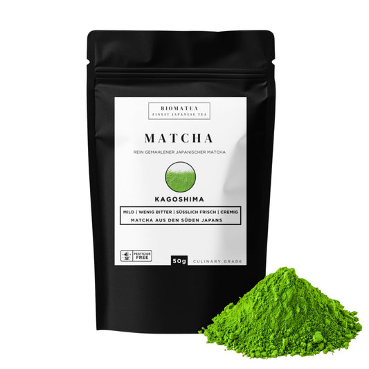 BIOMATEA Matcha Pulver – Premium Grüner Tee aus Japan (Kagoshima) | Vielseitig für Latte, Smoothies, Backen & Desserts | 100% natürlich & fein gemahlen (50g Beutel)