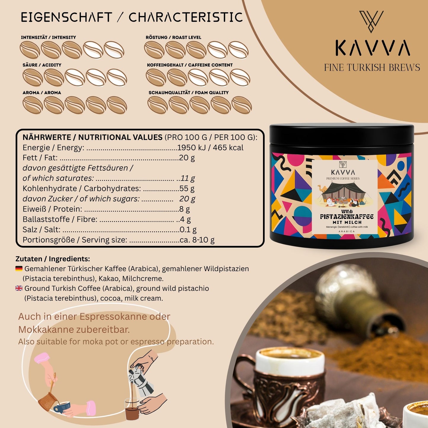 KAVVA Premium Wild Pistazien (Menengic) – Traditioneller Türkischer Kaffee aus Arabica-Bohnen, 100 g