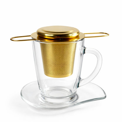 Personalisiertes Tee Geschenkset Gold mit Gravur | Edelstahl Teesieb mit Deckel & Löffel | Teeglas mit Unterteller | Edle Geschenkbox aus Metall | Individuelle Lasergravur