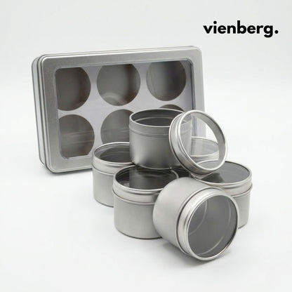 Universal Aufbewahrungsbox mit 6 Innendosen & Sichtfenster Deckel, für Tee, Kaffee & Backzutaten, Gewürze –Ordnungsbox & Organizer – Teedose leere Metalldosen Silber