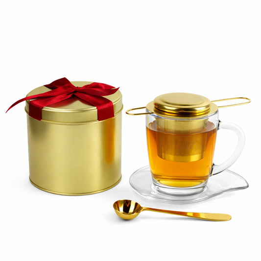 Tee Geschenkset Gold | Edelstahl Teesieb mit Deckel & Löffel | Teeglas mit Unterteller | Edle Geschenkbox aus Metall