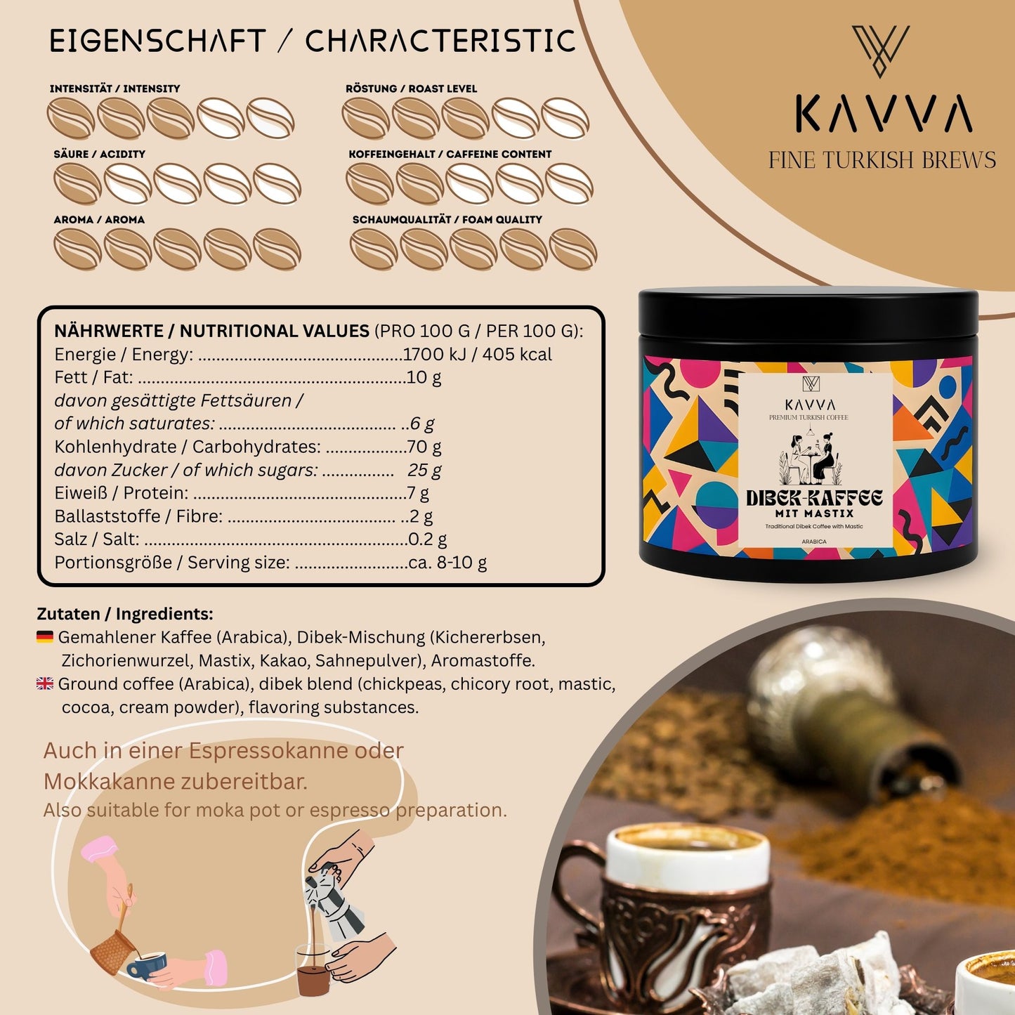 KAVVA Premium Dibek-Kaffee mit Mastix – Traditioneller Türkischer Kaffee aus Arabica-Bohnen, 100 g
