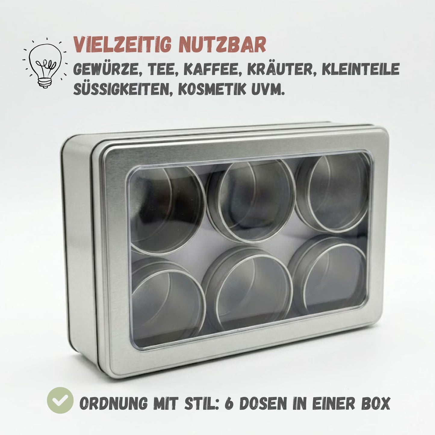 Universal Aufbewahrungsbox mit 6 Innendosen & Sichtfenster Deckel, für Tee, Kaffee & Backzutaten, Gewürze –Ordnungsbox & Organizer – Teedose leere Metalldosen Silber
