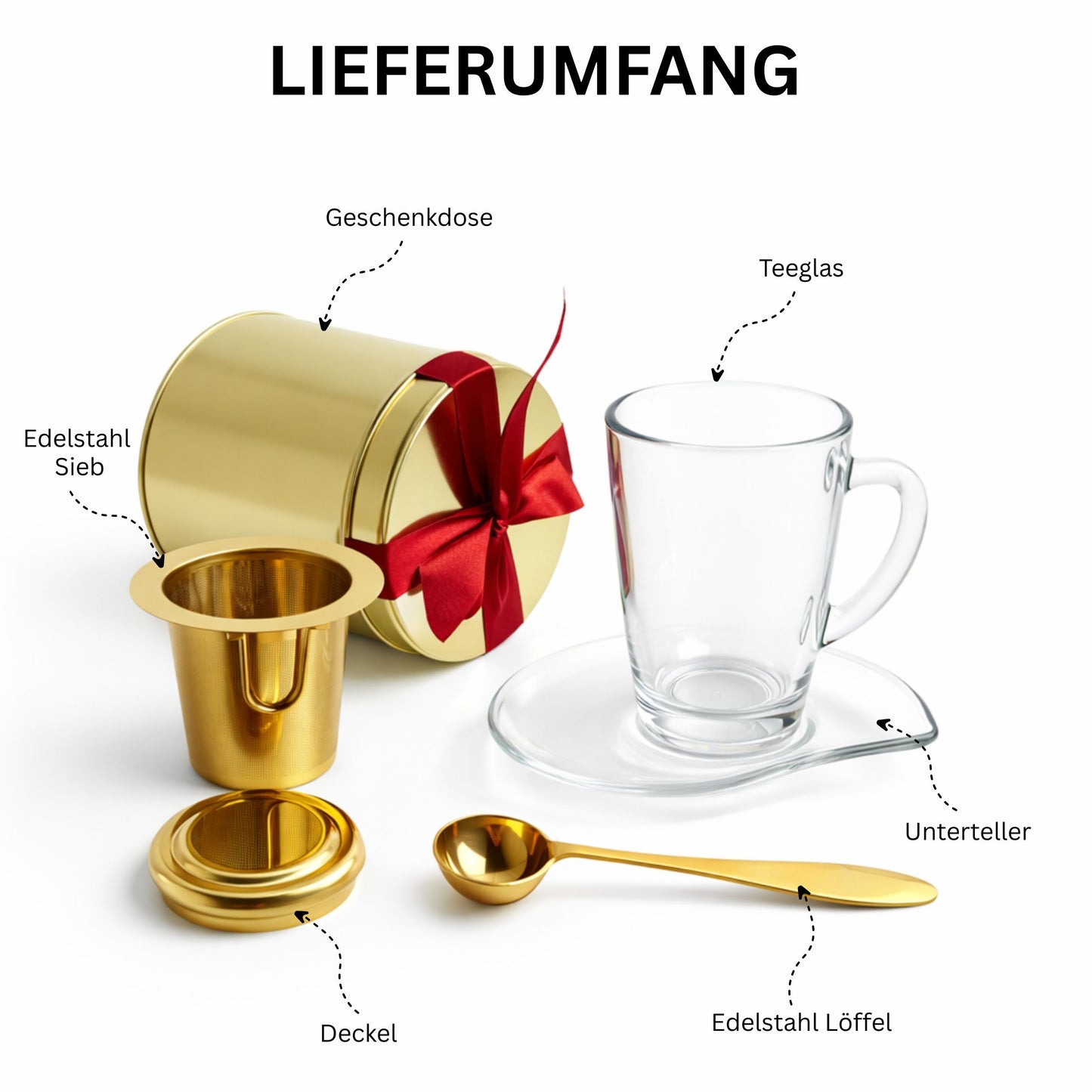 Personalisiertes Tee Geschenkset Gold mit Gravur | Edelstahl Teesieb mit Deckel & Löffel | Teeglas mit Unterteller | Edle Geschenkbox aus Metall | Individuelle Lasergravur