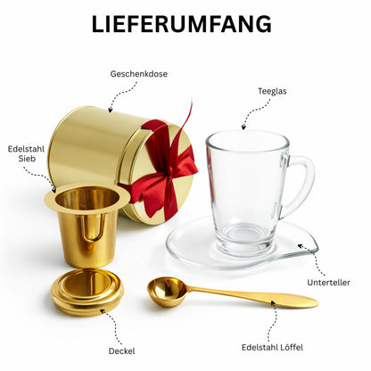 Personalisiertes Tee Geschenkset Gold mit Gravur | Edelstahl Teesieb mit Deckel & Löffel | Teeglas mit Unterteller | Edle Geschenkbox aus Metall | Individuelle Lasergravur