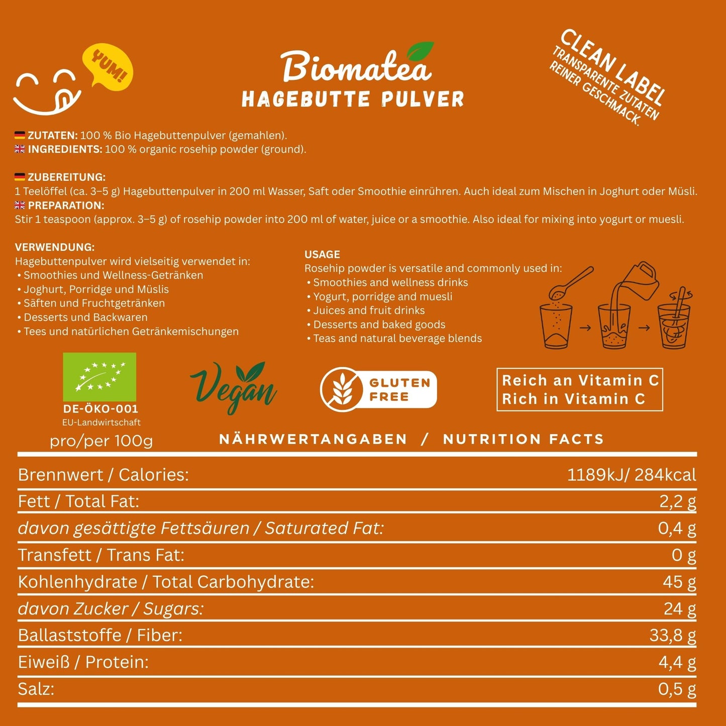 Bio Hagebuttenpulver 150 g – Fein gemahlenes Hagebutten Pulver – organik – Ideal für Smoothies, Müsli und Getränke