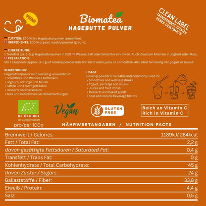 Bio Hagebuttenpulver 150 g – Fein gemahlenes Hagebutten Pulver – organik – Ideal für Smoothies, Müsli und Getränke