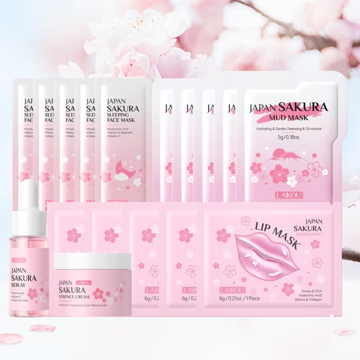Sakura Hautpflege-Set, 17-teilig – Gesichtsmasken, Lippenmasken, Serum & Creme