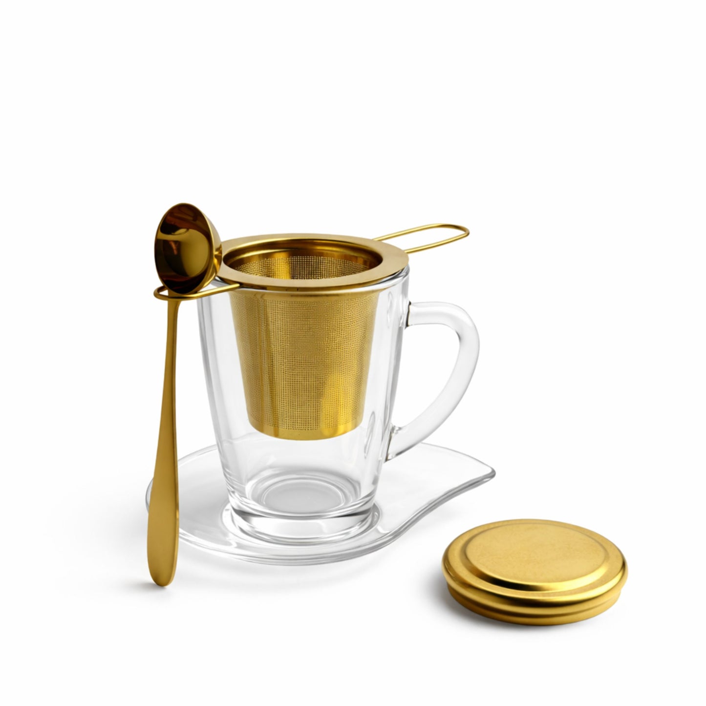 Tee Geschenkset Gold | Edelstahl Teesieb mit Deckel & Löffel | Teeglas mit Unterteller | Edle Geschenkbox aus Metall