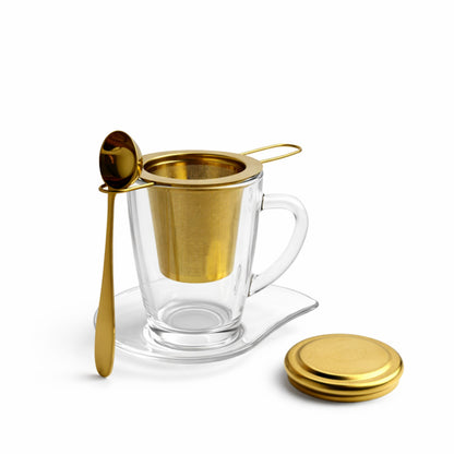 Tee Geschenkset Gold | Edelstahl Teesieb mit Deckel & Löffel | Teeglas mit Unterteller | Edle Geschenkbox aus Metall