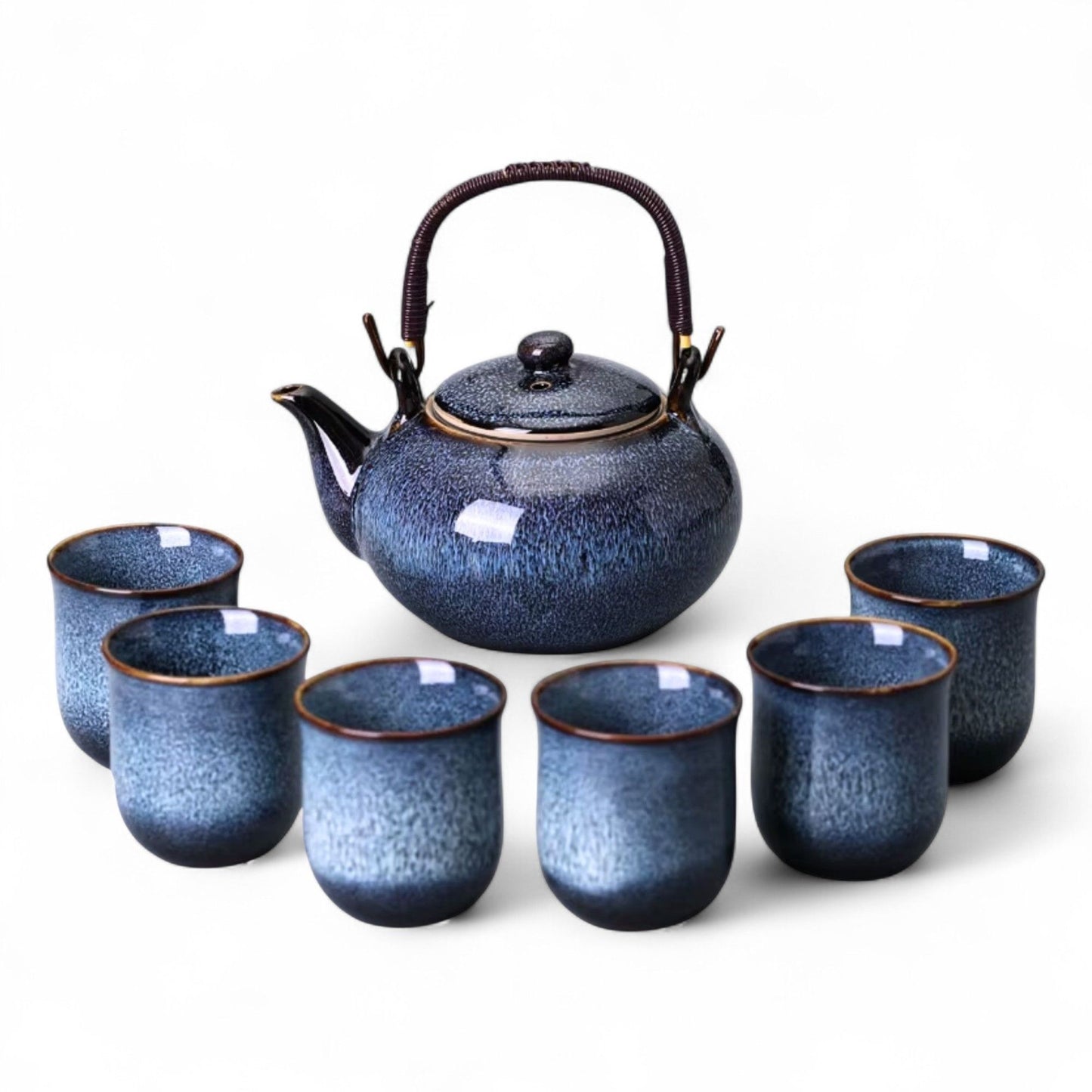Japanisches Teeset aus Keramik – 7-teiliges Set mit Teekanne, 6 Tassen und Bambus-Tablett, Blau
