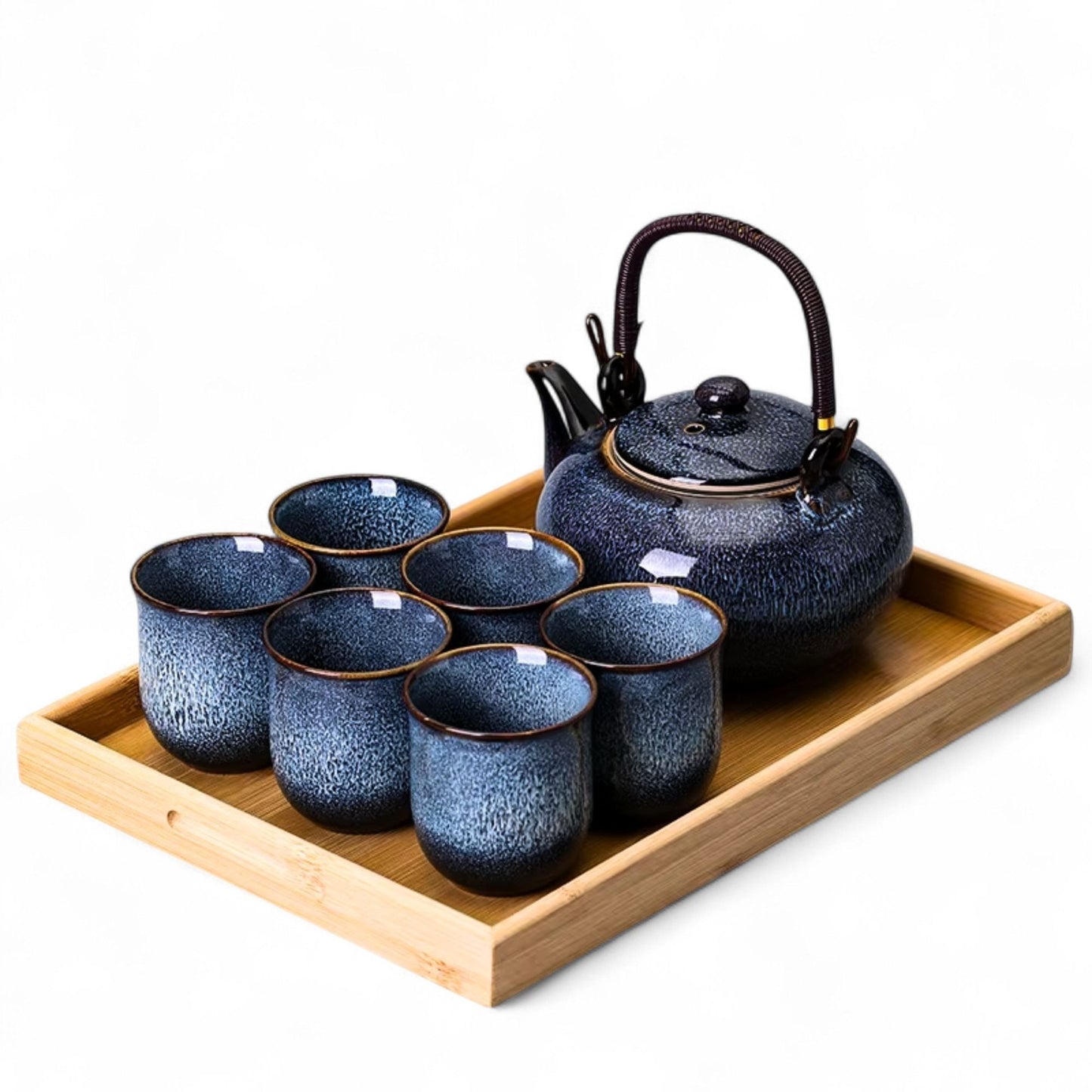 Japanisches Teeset aus Keramik – 7-teiliges Set mit Teekanne, 6 Tassen und Bambus-Tablett, Blau