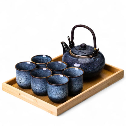 Japanisches Teeset aus Keramik – 7-teiliges Set mit Teekanne, 6 Tassen und Bambus-Tablett, Blau