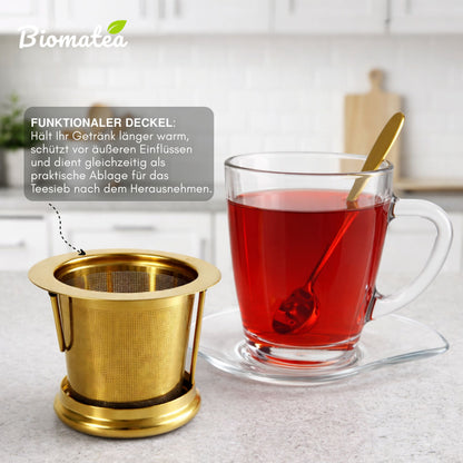 Edelstahl Teesieb Gold mit Deckel & Tee-Löffel | Feinmaschiger Dauerfilter für Tassen