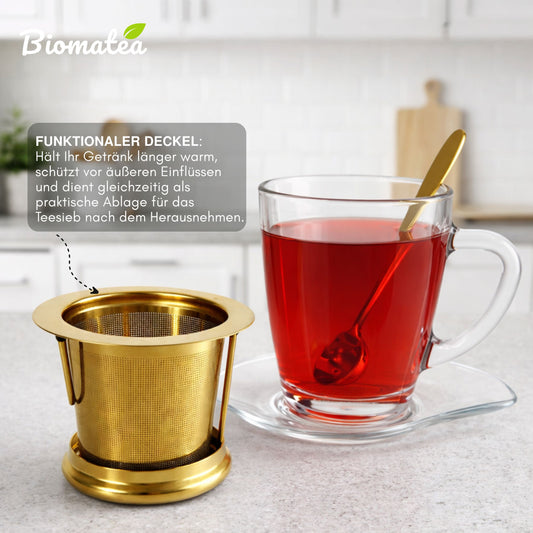 Tee Geschenkset Gold | Edelstahl Teesieb mit Deckel & Löffel | Teeglas mit Unterteller | Edle Geschenkbox aus Metall