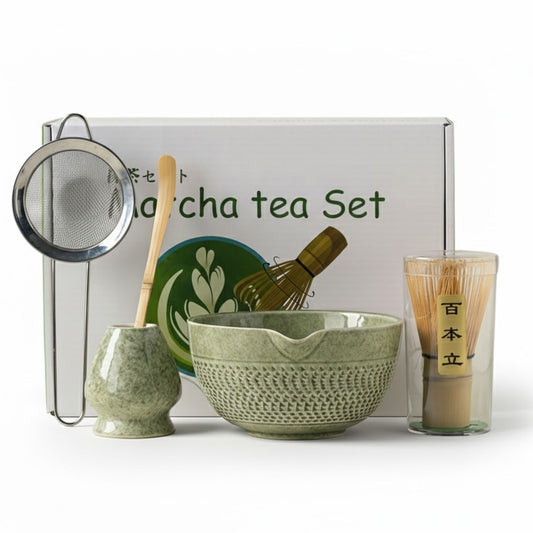 Japanisches Keramik Matcha-Set | 6-teiliges Matcha Starter Kit | Schale + Bambusbesen (Chasen) + Halter + Bambuslöffel (Chashaku) + Sieb