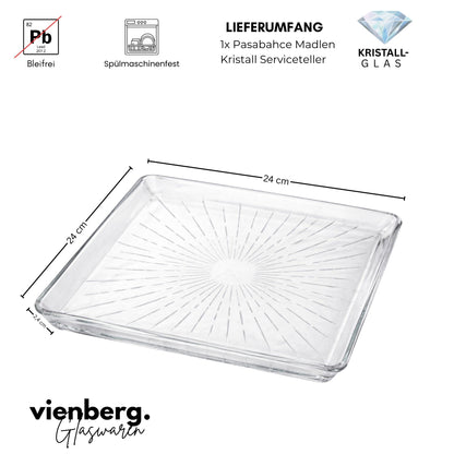 Madlen Glas Servierteller quadratisch 24x24cm aus Kristallglas –  Glasteller für Kuchen, Dessert, matcha
