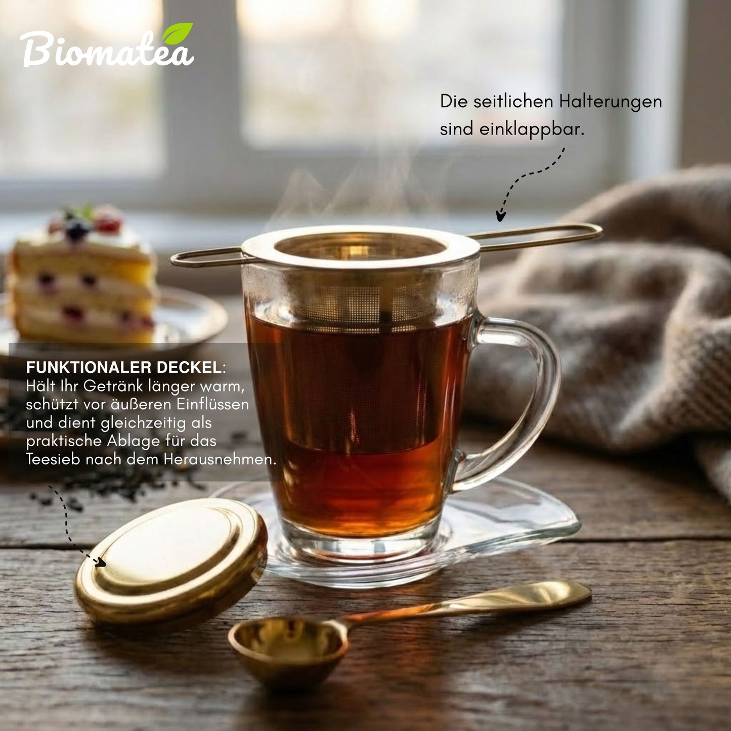 Edelstahl Teesieb Gold mit Deckel & Tee-Löffel | Feinmaschiger Dauerfilter für Tassen