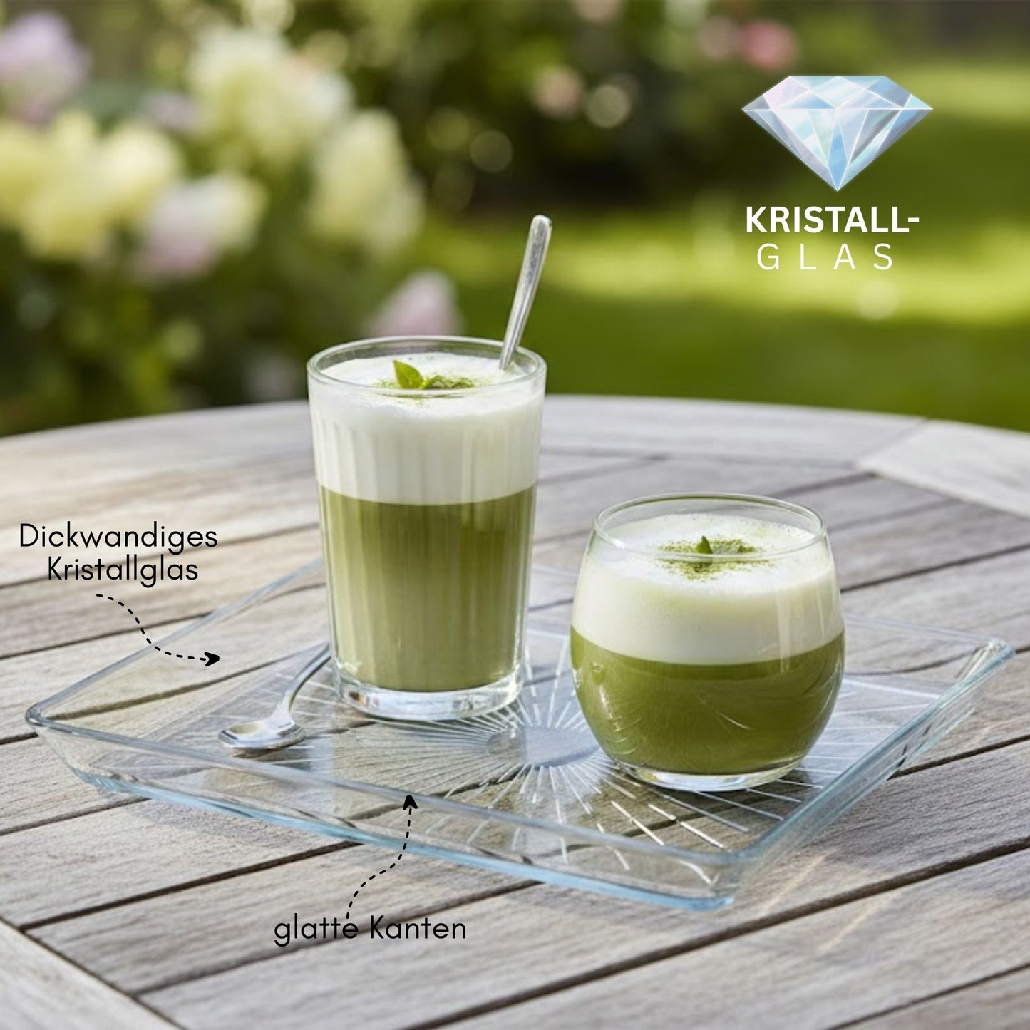 Madlen Glas Servierteller quadratisch 24x24cm aus Kristallglas –  Glasteller für Kuchen, Dessert, matcha