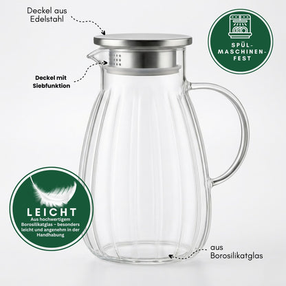 Aqua Glaskaraffe 1,8L aus Borosilikatglas mit Edelstahl-Deckel & Filter – Wasserkaraffe, Wasserkrug, Weinkaraffe, Hitzebeständig
