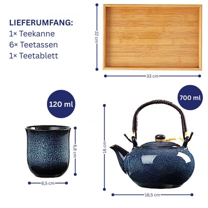Japanisches Teeset aus Keramik – 7-teiliges Set mit Teekanne, 6 Tassen und Bambus-Tablett, Blau