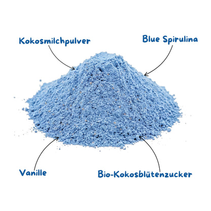 Biomatea Blue Moon Milk Vanille Latte – Blue Spirulina Latte Mix mit Kokosmilch & echter Vanille, 100g Dose