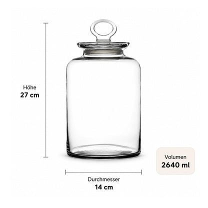 Vorratsglas mit Glasdeckel und Silikonring, 2,64 Liter, 27 cm, großes Aufbewahrungsglas für Pasta, Kaffee, Müsli und Lebensmittel