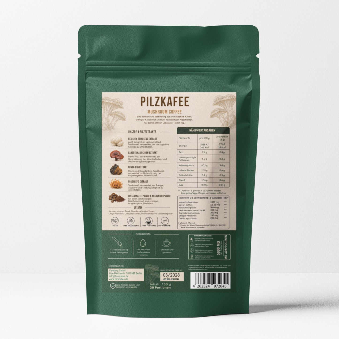 Biomatea Pilzkaffee Mushroom Coffee 150g | Löslicher Kaffee mit Kokosmilch & 4 Pilzextrakten