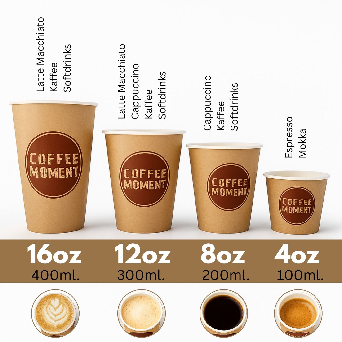 Coffee Moment Kaffeebecher, Kaffee to go Pappbecher – 4 Größen, für heiße & kalte Getränke