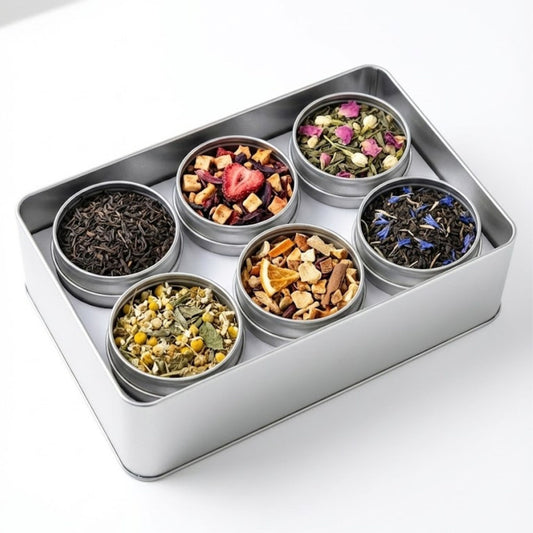 Universal Aufbewahrungsbox mit 6 Innendosen & Sichtfenster Deckel, für Tee, Kaffee & Backzutaten, Gewürze –Ordnungsbox & Organizer – Teedose leere Metalldosen Silber