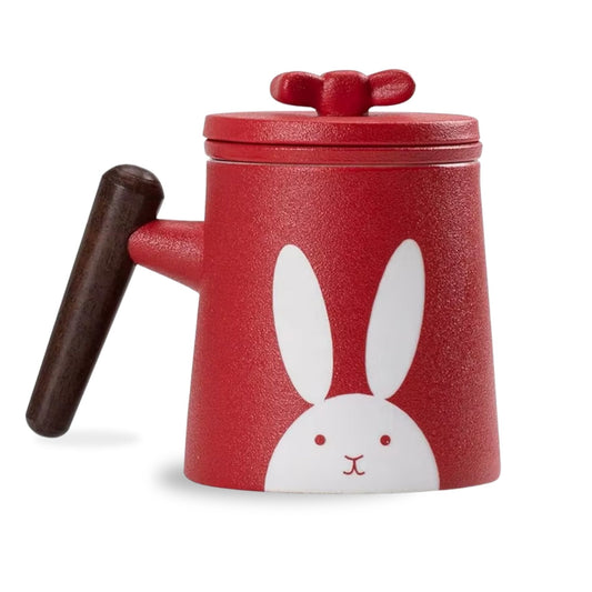 Keramik Teetasse mit Holzgriff | 360 ml Hasen-Design Becher | mit Keramik Teesieb & Deckel