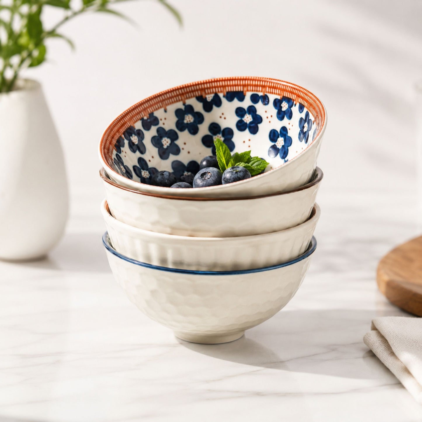 Japanische Schalen 4er Set mit Geschenkbox | Keramik Snackschalen, Reisschale, Ramen Schale
