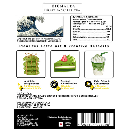 BIOMATEA Matcha Pulver – Premium Grüner Tee aus Japan (Kagoshima) | Vielseitig für Latte, Smoothies, Backen & Desserts | 100% natürlich & fein gemahlen (50g Beutel)